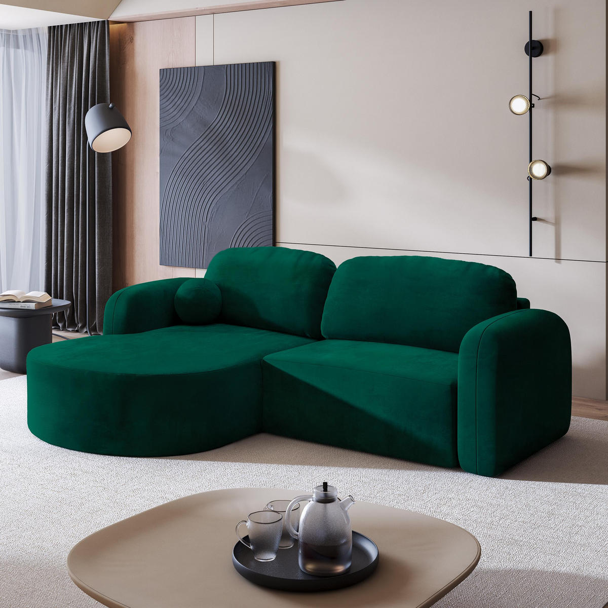 ECKSOFA AMILIA M L-S Grün Velours-Stoff mit Schlaffunktion - Grün, Holz (263/174cm) - MASSENO