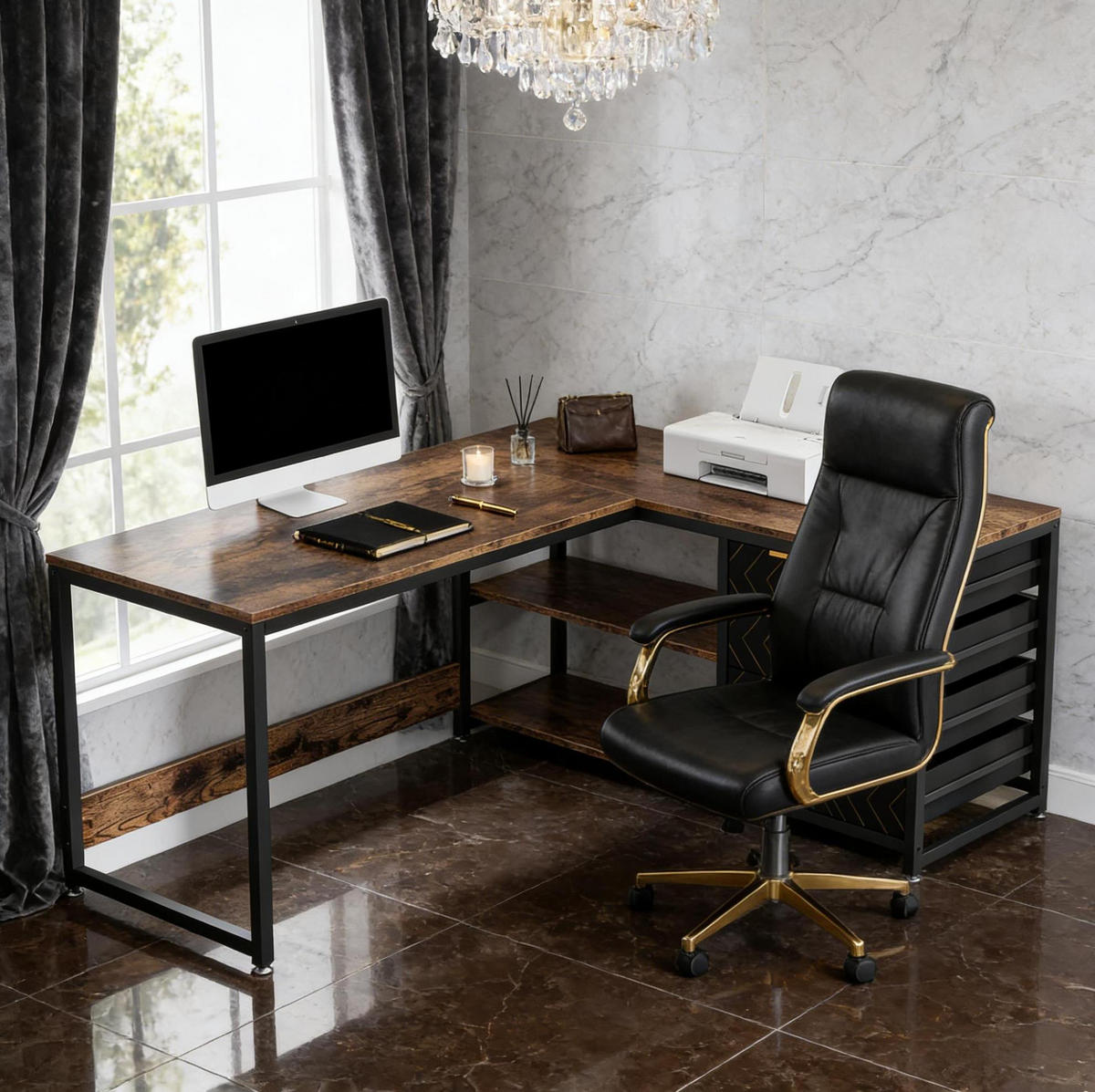 ECKSCHREIBTISCH L-Form mit Regal und 4 Schubladen Schwarz Rustic Brown - Schwarz, Metall (150/110/75cm) - Meubliv
