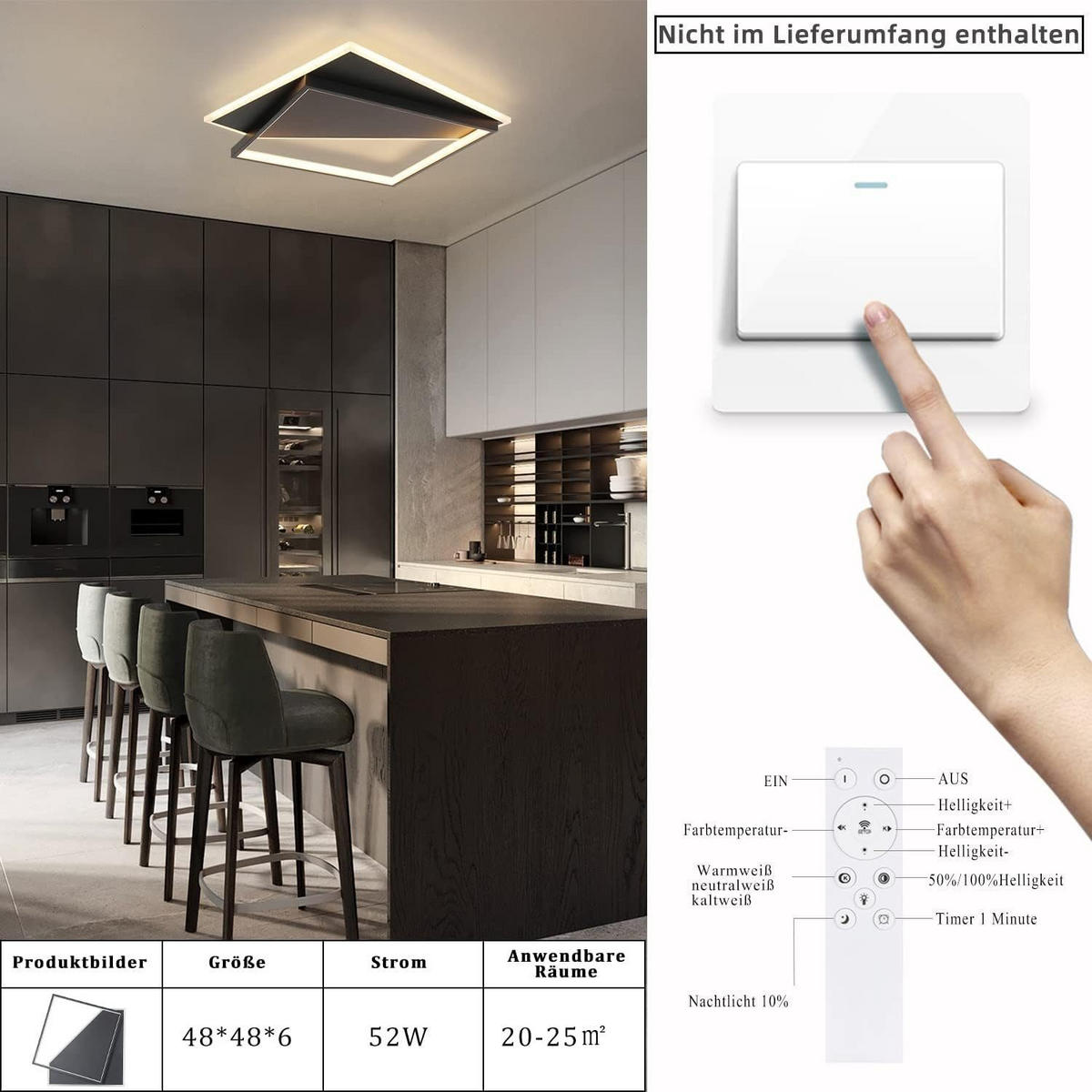 LED-DECKENLEUCHTE Alexander 48/48/6 cm - Schwarz, Metall (48/48/6cm) - Nettlife