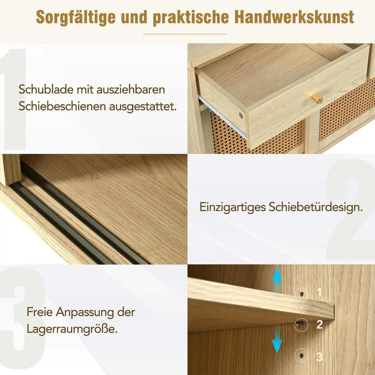 SIDEBOARD Rattan Eiche 3 Schubladen 3 Türen 120cm Modern - Eichefarben, Holzwerkstoff (120/78/40cm) - FLIEKS