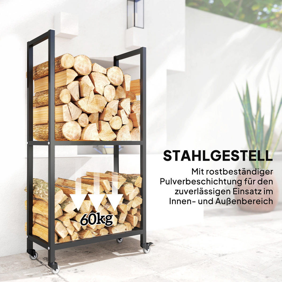 KAMINHOLZREGAL für innen Stahl 60 x 30 x 119cm 2 Ebenen Brennholzregal mit Rolle - Schwarz, Metall (30/119/60cm) - Outsunny