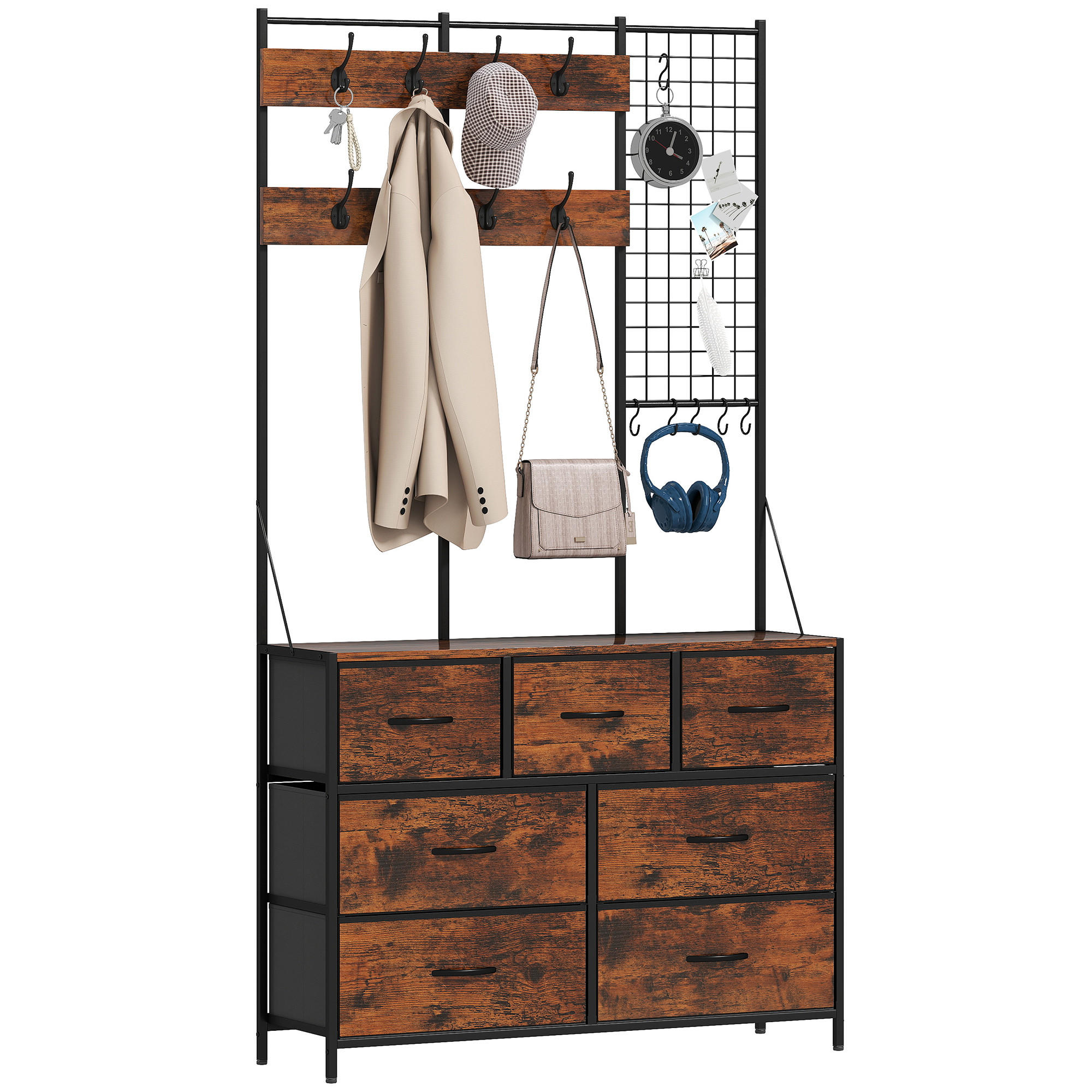GARDEROBE DE-17882 14 Haken & 7 Stoffschubladen Rostbraun - Braun, Holzwerkstoff (30/183/100cm) - ComfortXL