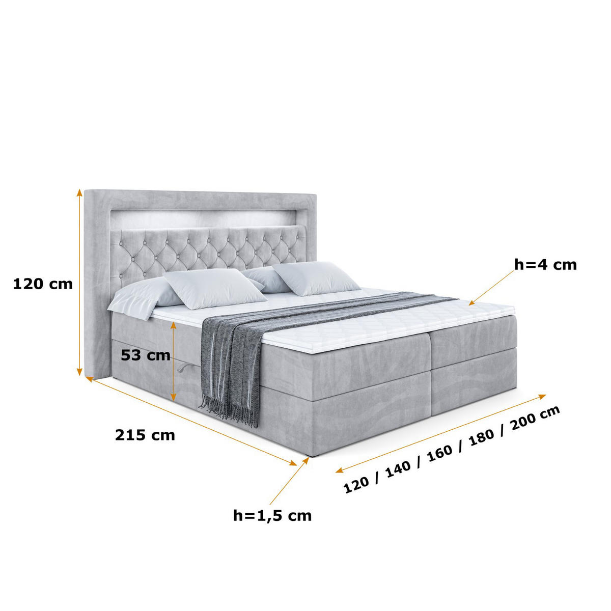BOXBETT LED mit H3-Matratze und Lattenrost - NOEL GOLD - 160x200 Hellgrau - Hellgrau, Holzwerkstoff (160/200cm) - ALTDECOR