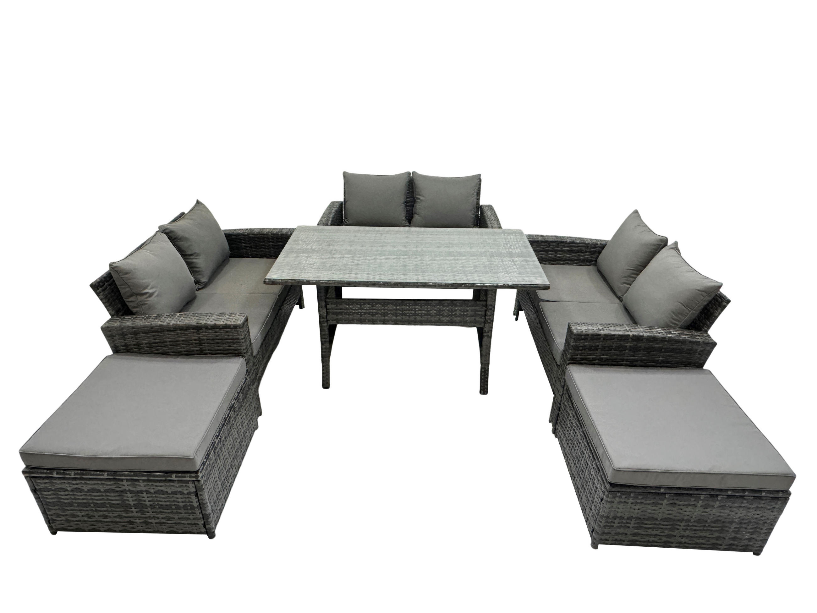 BALKONMÖBEL-SETS mit 2-Sitzer Sofa,2 große Fußhocker,Esstisch Polyrattan Dunkelgrau 8-Sitzer - Dunkelgrau/Grau, Glas/Kunststoff - Fimous