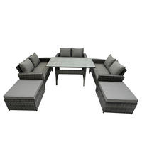 BALKONMÖBEL-SETS mit 2-Sitzer Sofa,2 große Fußhocker,Esstisch Polyrattan Dunkelgrau 8-Sitzer - Dunkelgrau/Grau, Glas/Kunststoff - Fimous