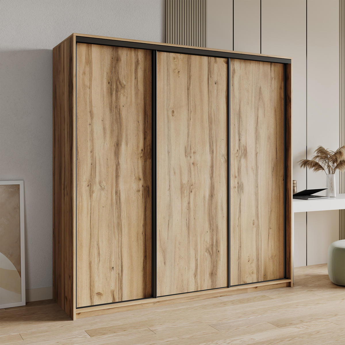 SCHWEBETÜRENSCHRANK NISSE 180/205/60 cm 3-türig mit Schubladen Eiche Wotan - Eiche Wotan/Schwarz, Holzwerkstoff (180/205/60cm) - MASSENO
