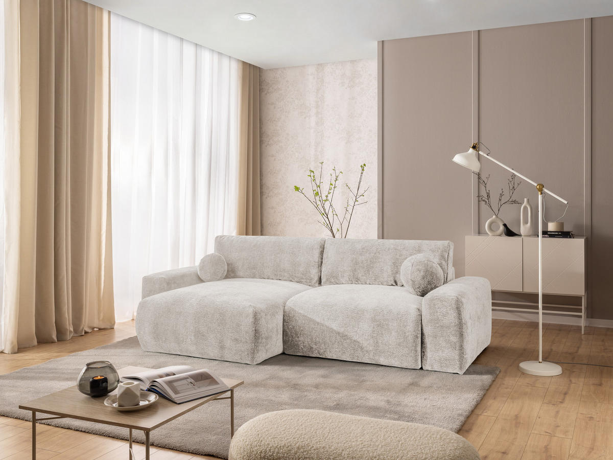 ECKSOFA Puffy mit Schlaffunktion und Bettkasten - besonders weich und puffig aus Beige Stoff mit Chenillestruktur - Ottomane links - Beige/Schwarz, Holz/Kunststoff (138/266cm) - S-Style Möbel