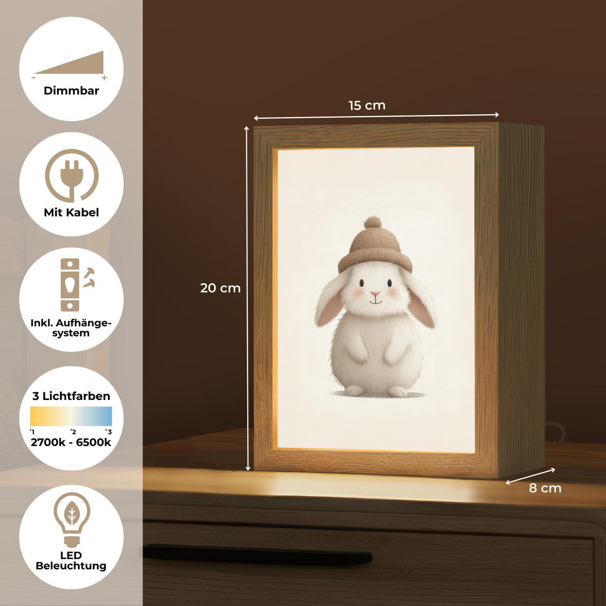 NACHTTISCHLAMPE Kaninchen - Hut - Ohren - Beige 15x20 cm - Creme, Holzwerkstoff (8/15/20cm)