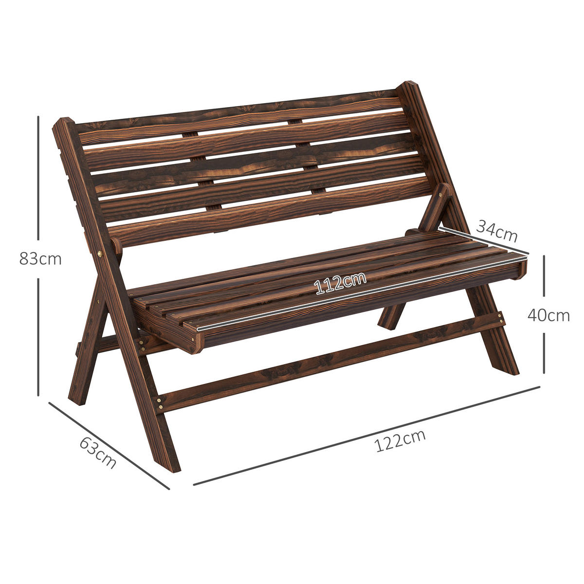 GARTENBANK, 2-Sitzer Sitzbank, Holzbank mit Rückenlehne, für Garten, Balkon, Verkohlt - Dunkelbraun, Holz (63/83/122cm) - Outsunny
