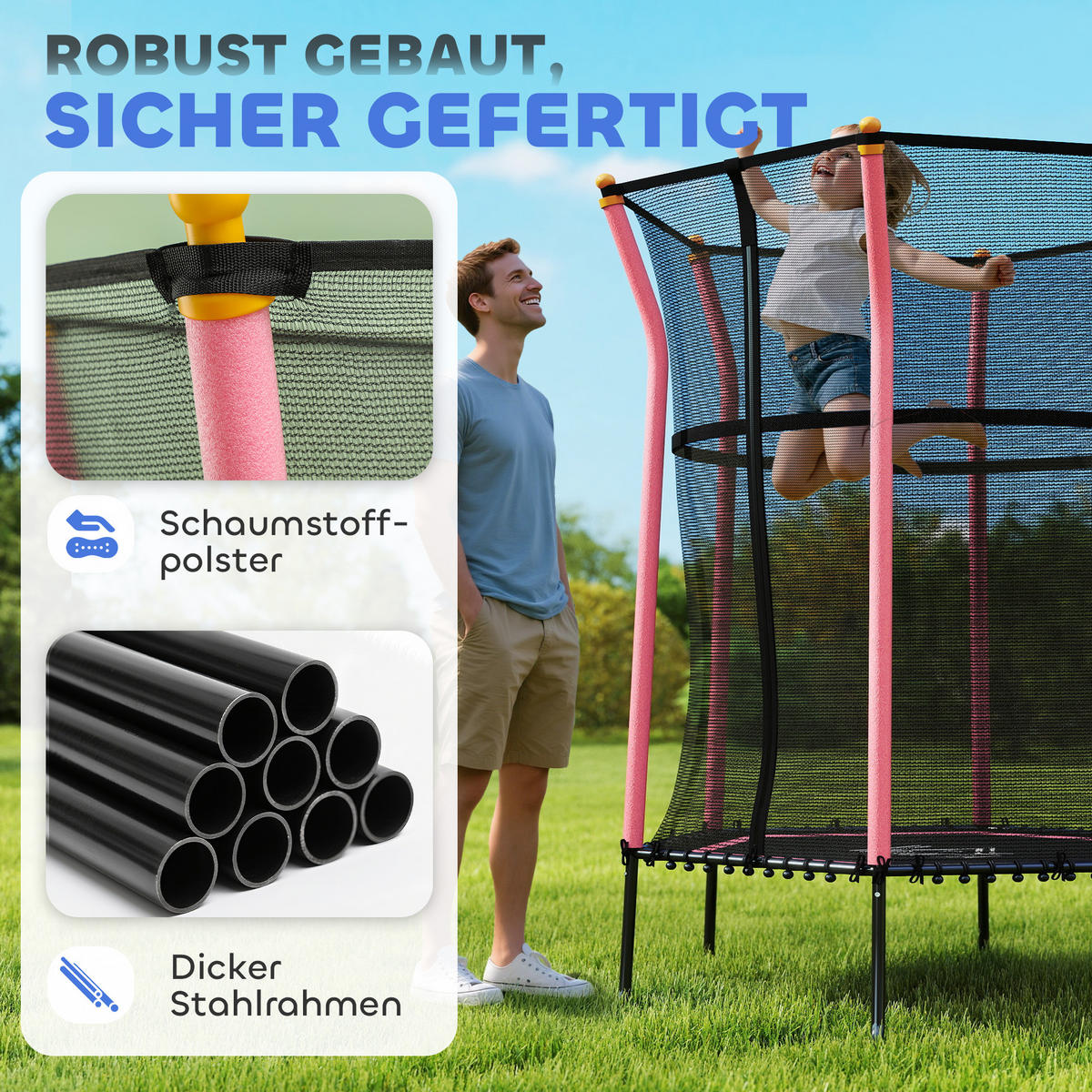 KINDER Trampolin Ø163,5 cm, Trampolin für Kinder 3-10 Jahre, Gartentrampolin - Rosa, Kunststoff/Metall (163.5/163.5cm) - HOMCOM