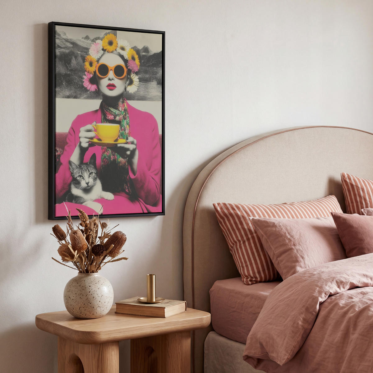 LEINWAND Bilder mit Rahmen - Frau - Katze - Blumen - Tasse - Retro - 40x60 - Magenta, Textil (40/60cm) - MuchoWow