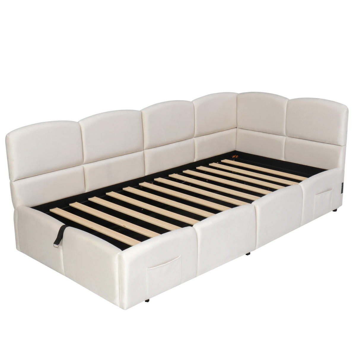 POLSTERBETT 90/200 cm in Beige aus Samt mit Stauraum und USB- und Type-C-Anschlüssen - Beige, Textil (90/200cm) - Flora Grace