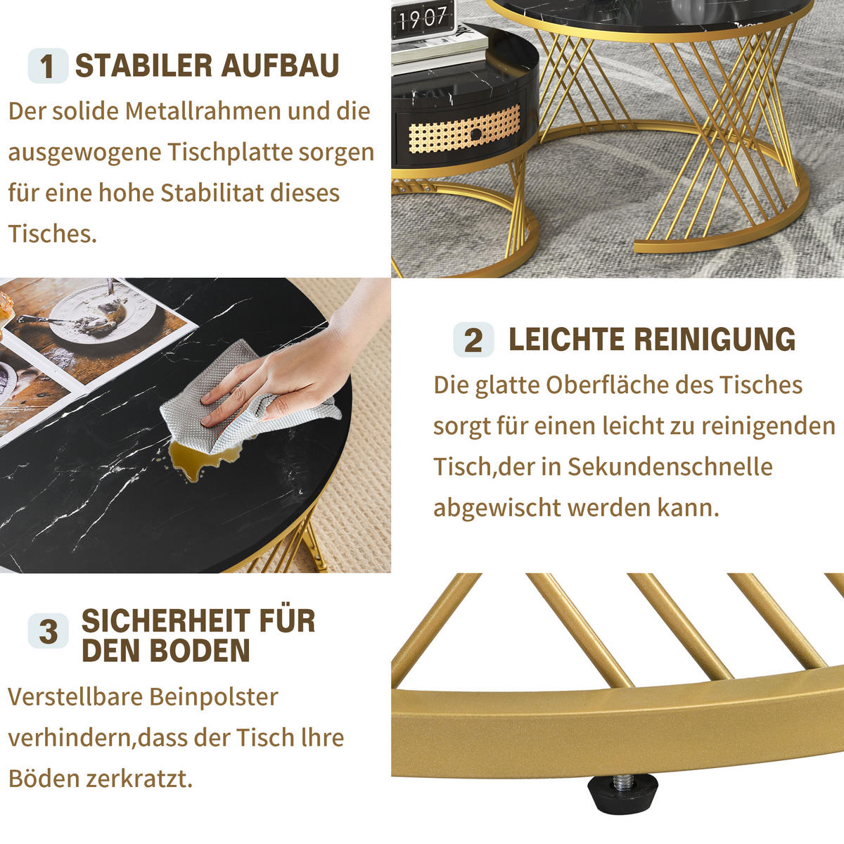 COUCHTISCH 2er Set Rattan Marmoroptik - Schwarz, Holz (70/70/45.5cm) - LEBENLANG