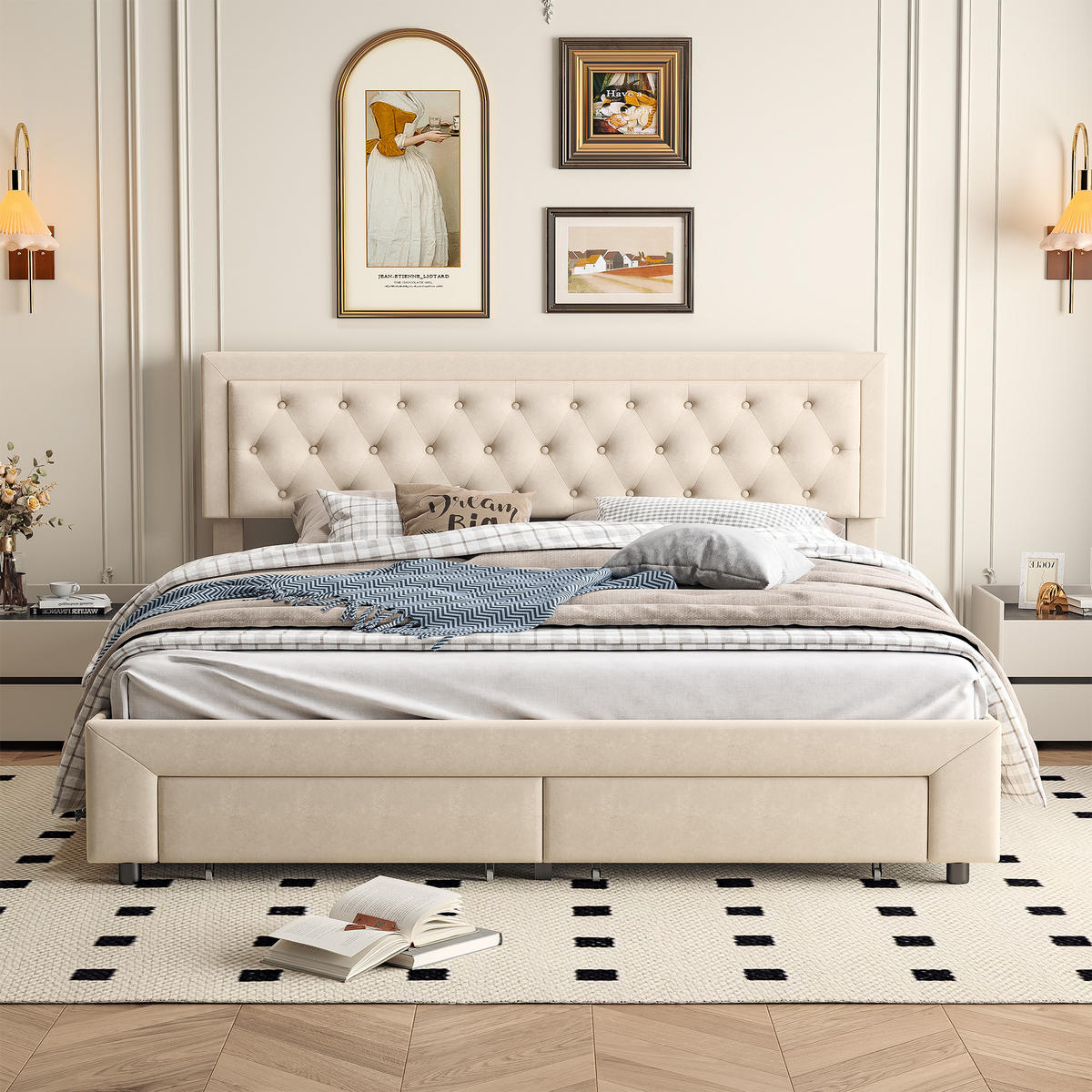 POLSTERBETT 180x200 cm Schubladen Samt Doppelbett Beige - Beige, Holz (180/200cm) - PARAFTA HOME