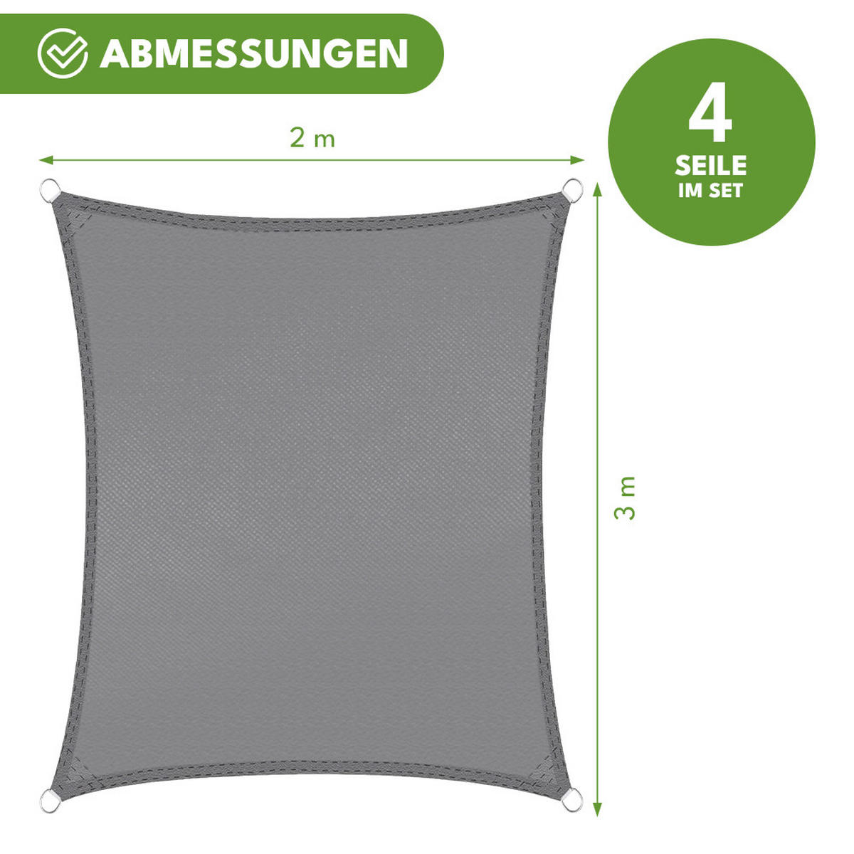 SONNENSEGEL Wasserdicht Rechteckig Grau 3x2m - Grau, Textil (300/200cm) - KRUMAD