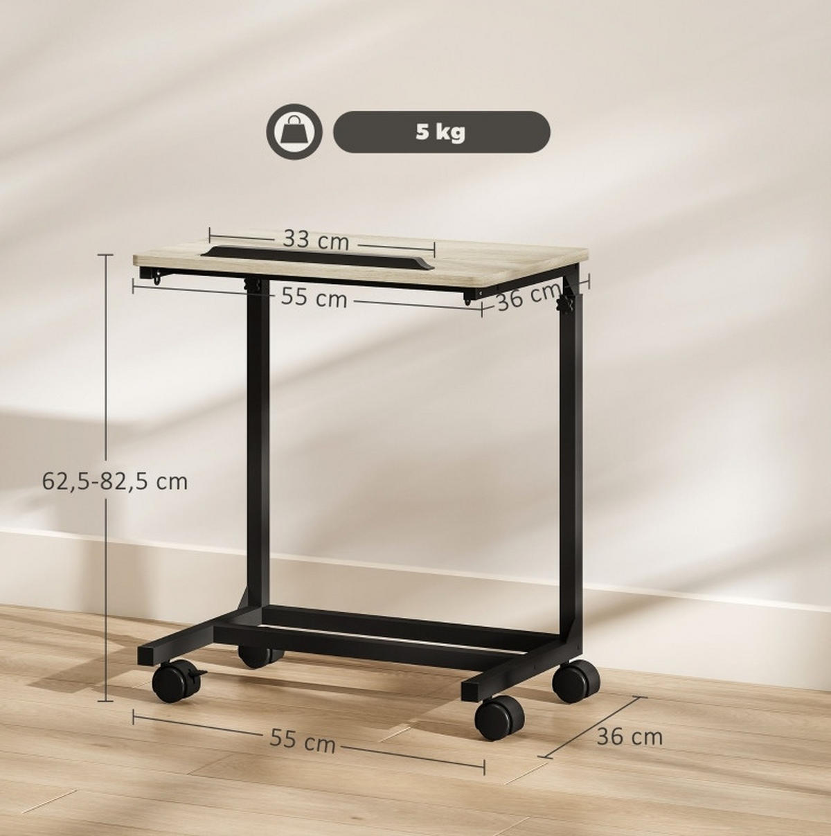 BEISTELLTISCH 55/36/62,5-82,5 cm höhenverstellbar, neigbare Tischplatte und Rollen, Eiche - Eichefarben, Holzwerkstoff (55/36/82.5cm) - Redom