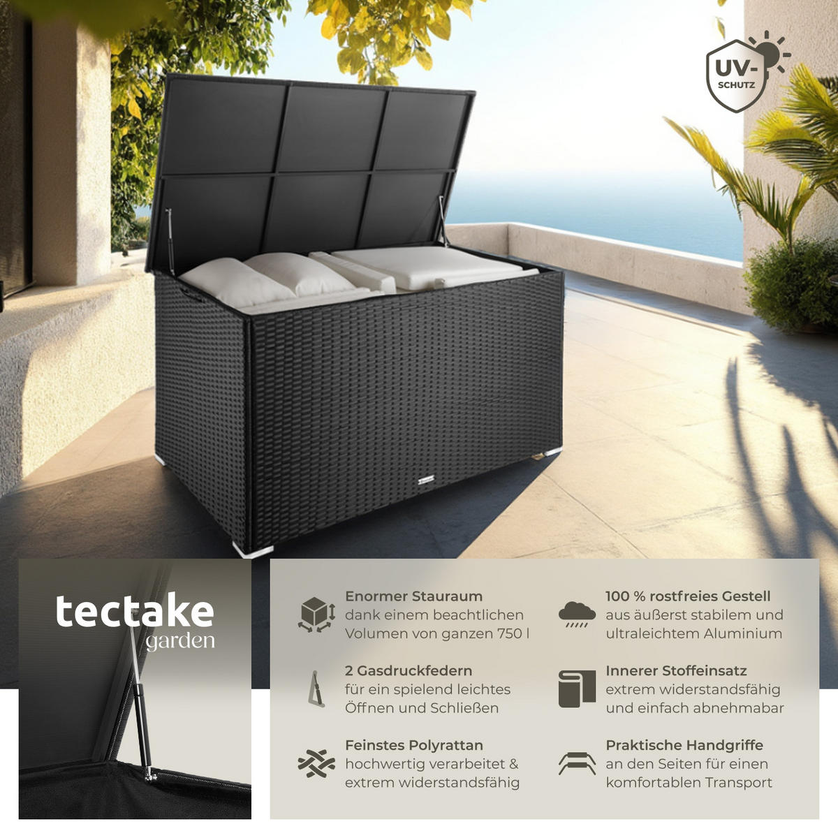 AUFLAGENBOX Oslo,145 x 82,5 x 79,5 cm,schwarz - Schwarz, Kunststoff (82.5/79.5/145cm) - tectake