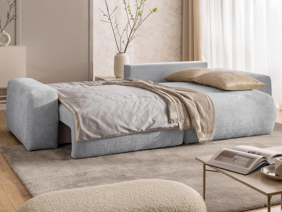 ECKSOFA Puffy mit Schlaffunktion und Bettkasten - besonders weich und puffig aus Hellgrau Chenille-Stoff - Ottomane rechts - Hellgrau/Schwarz, Holz/Kunststoff (266/138cm) - S-Style Möbel