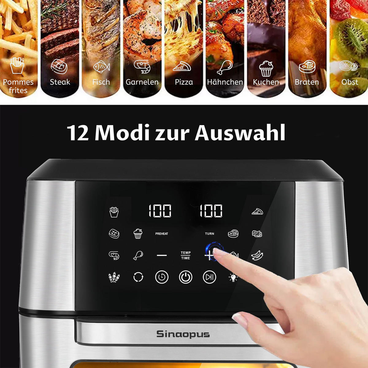 MINIBACKOFEN 12L XXL Heißluftfritteuse mit Zubehör, Multifunktionsofen mit Easy Fry & Grill Funktion, 12 Programme - Schwarz, Kunststoff (35/37.5/32.5cm) - Beaface