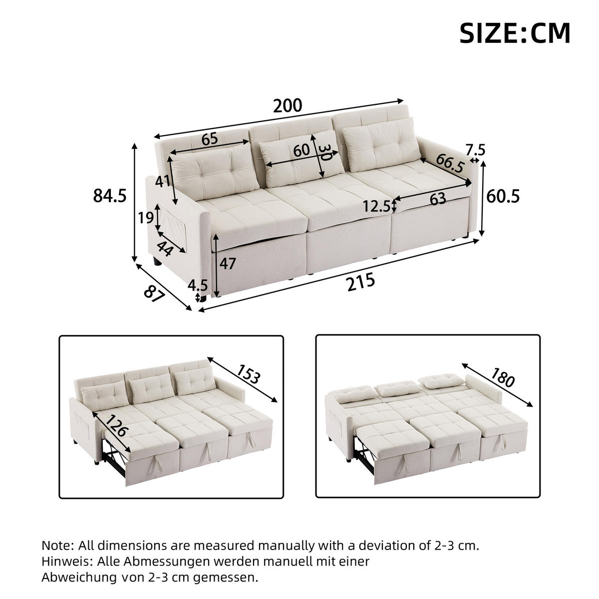 ECKSCHLAFSOFA 3-Sitzer Stoff mit verstellbarer Rückenlehne bis 180 Grad Beige 200/87/84,5 cm - Beige, Textil (87/200cm) - Redom