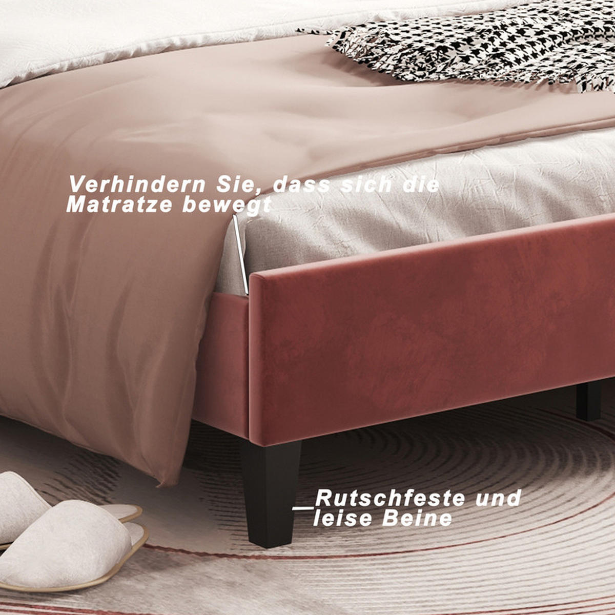 KINDERBETT 90x200 cm, mit floralem Kopfteil und Lattenrost, Samt, Mordeauxrot - Rot, Holz (90/200cm) - WoodenAura
