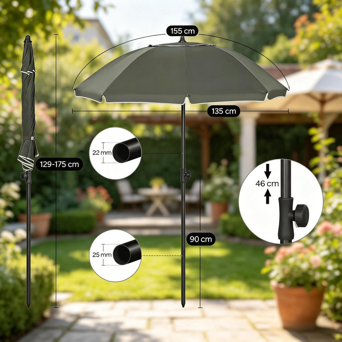 SONNENSCHIRM Metallgestell 135cm Grau Höhenverstellbar Neigbar - Grau, Textil (155/135cm) - Raelunyi
