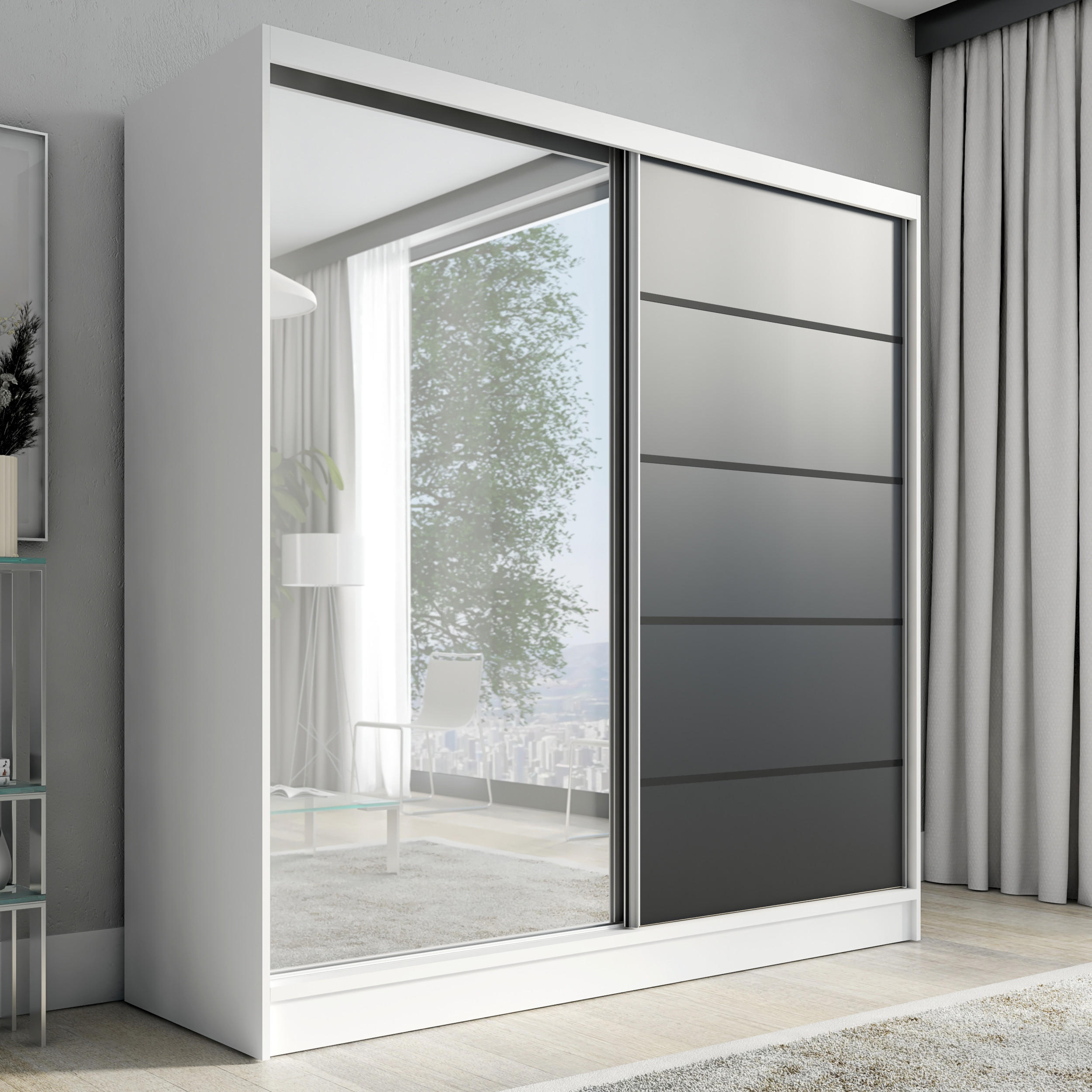 SCHWEBETÜRENSCHRANK 200 cm NERO 2 Farbe: Weiß | schwarz - Schwarz/Weiß, Holzwerkstoff (200/215/60cm) - A&J MöbelLand