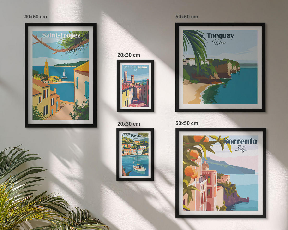 WANDBILDER 5er-Set - 50x50 cm & 20x30 cm & 40x60 cm Schwarzer Rahmen - Retro-Illustrationen von Weltstädten - Schwarz, Kunststoff (40/60cm) - ArtPrintCave