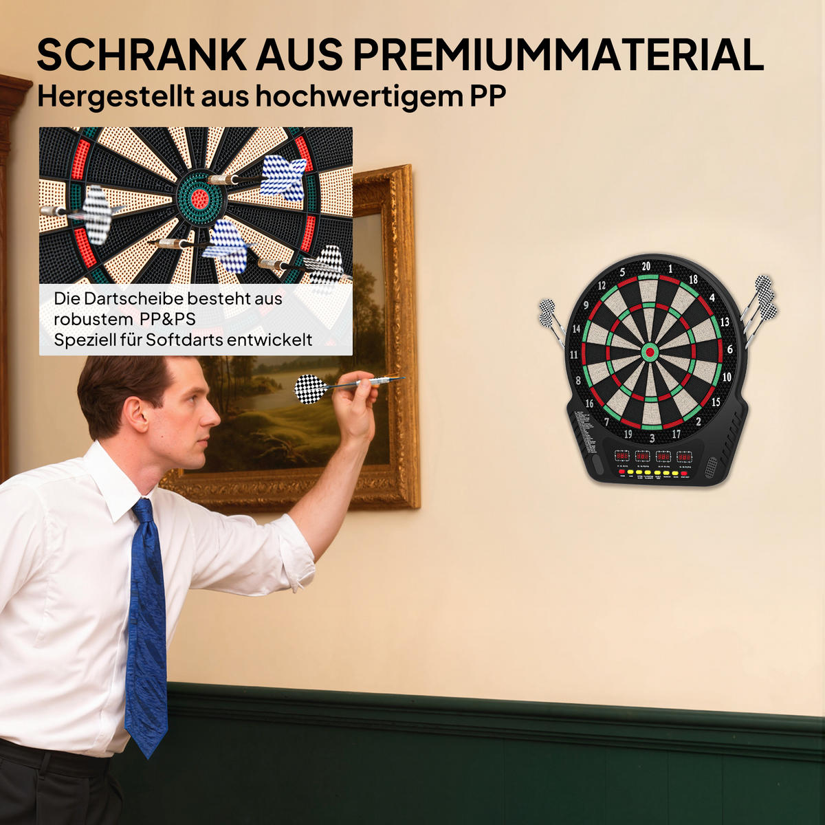 ELEKTRONISCHE Dartscheibe Dartboard Soundeffekte LED Anzeige 27 Spiele - Schwarz, Kunststoff (51.5/3.2/44cm) - HOMCOM