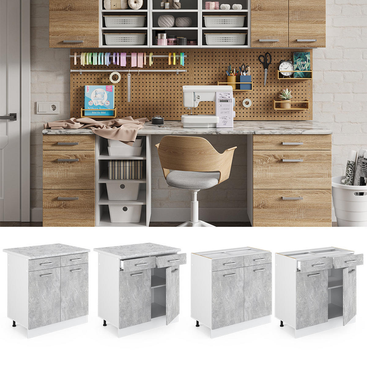UNTERSCHRANK R-Line Beton 80 cm mit Schubladen und Türen, ohne AP - Weiß/Grau, Holzwerkstoff (80/81.6/46cm) - Vicco