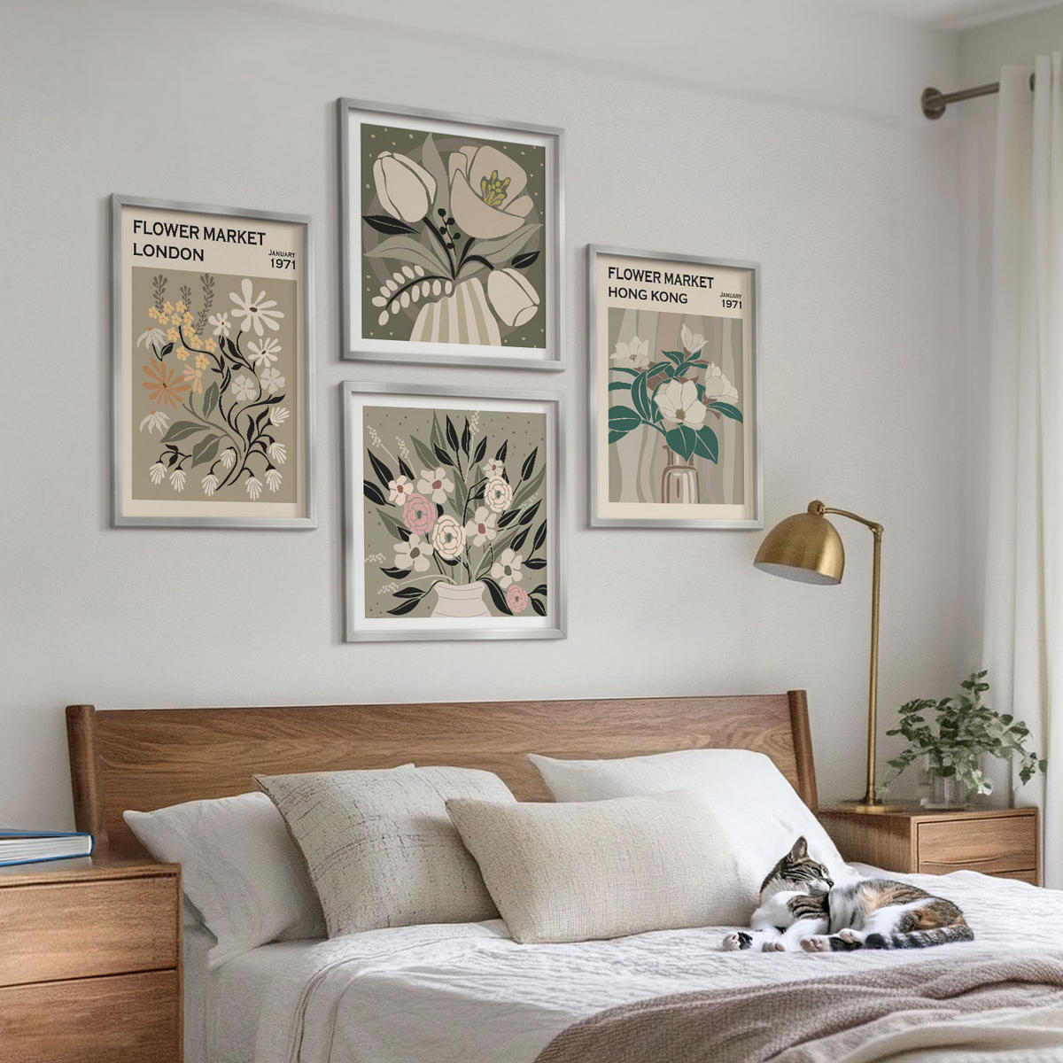 WANDBILDER 4er Set - 50x50 cm & 40x60 cm Silberner Rahmen - Blumenillustrationen London Hongkong - Silberfarben, Kunststoff (50/50cm) - ArtPrintCave