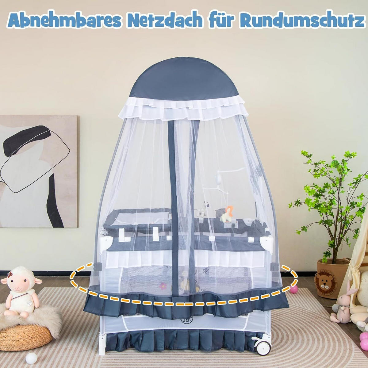 BABYBETT mit abnehmbarem Baldachin grau - Grau, Textil - COSTWAY