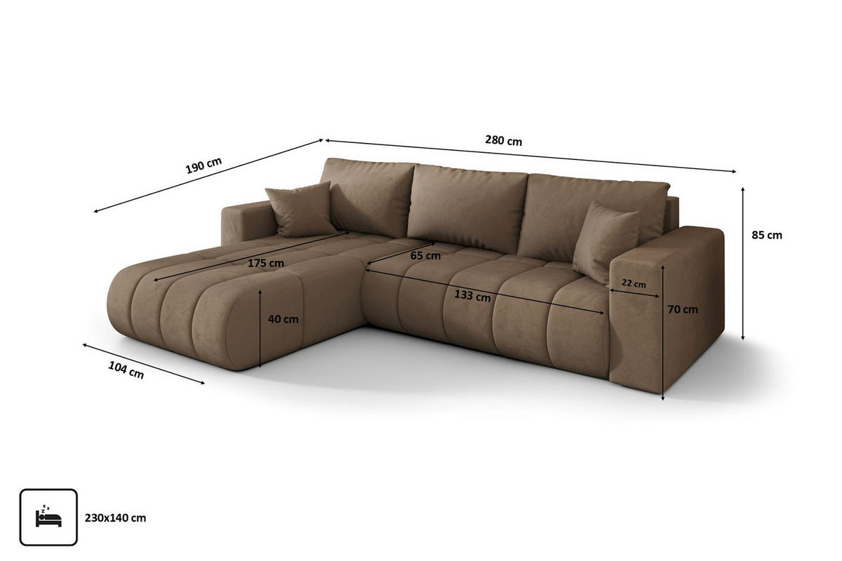ECKSOFA mit schlaffunktion und bettkasten MILO PREMIUM, stoff MONOLITH, Hellbraun, Links - Hellbraun, Holz (280/190cm) - Kaiser Möbel