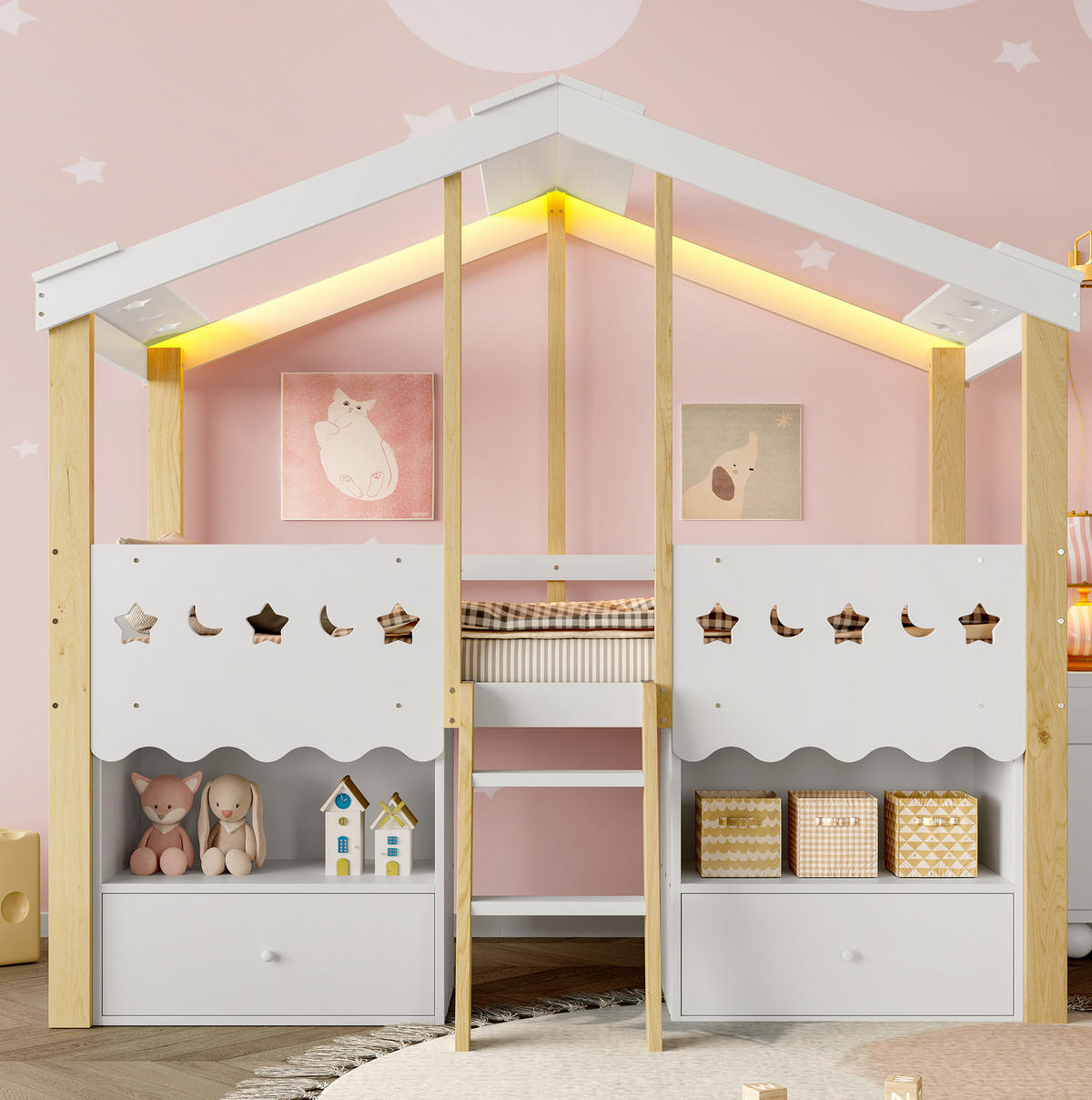 HALBHOHES Kinderbett 90/200 cm aus Kiefernholz mit LED-Beleuchtung, Hausform, 2 Schubladen und Regalen, Weiß/Natur - Weiß, Holz (90/200cm) - Redom