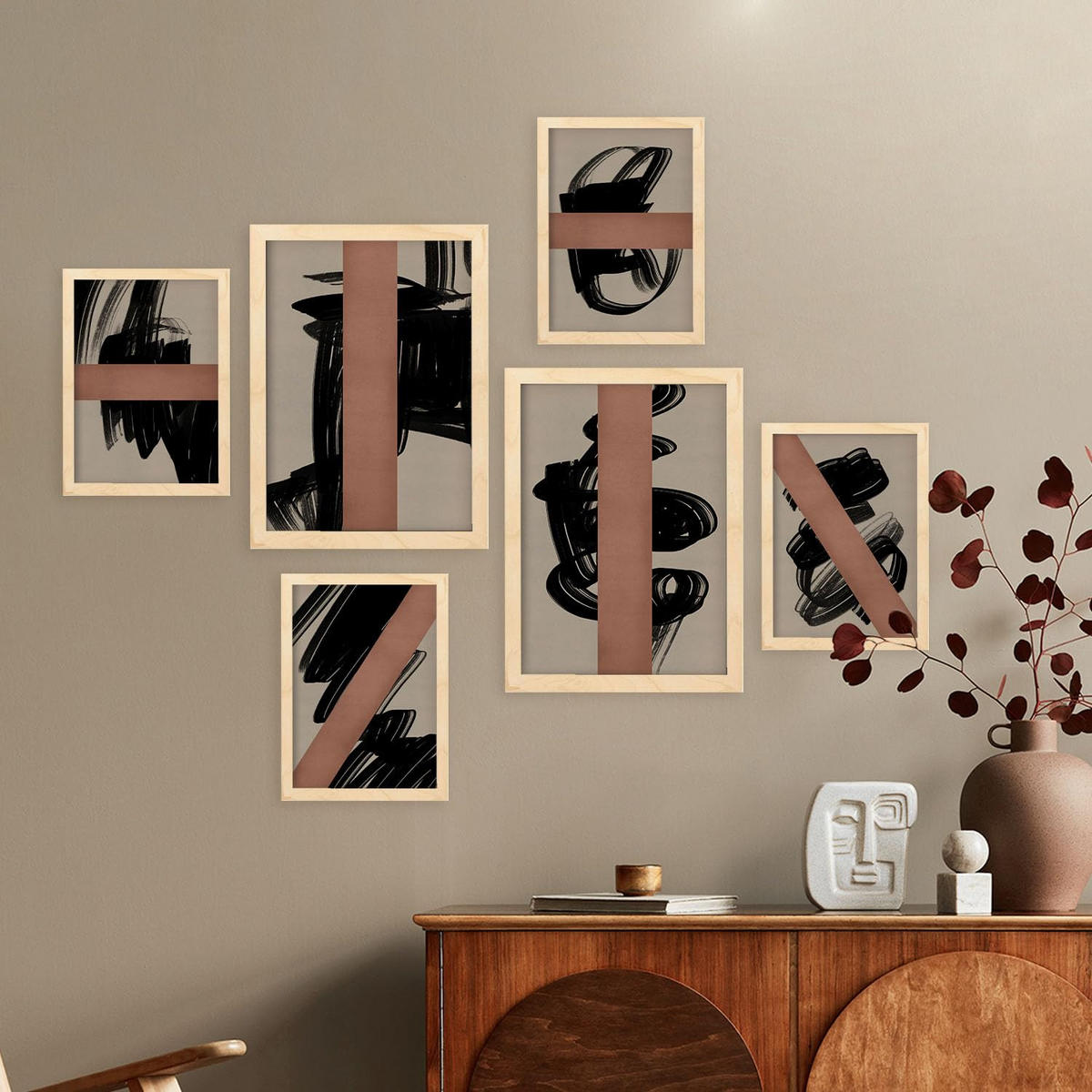 POSTER Set Mit 6 Utopisches Handwerk In Form Abstracts Ästhetische Dekorative Gemälde Für Ihr Wohnzimmer Zuhause A3 & A4 Rahmen Aus Hellem Holz - Beige, Papier (29/3cm) - Nacnic