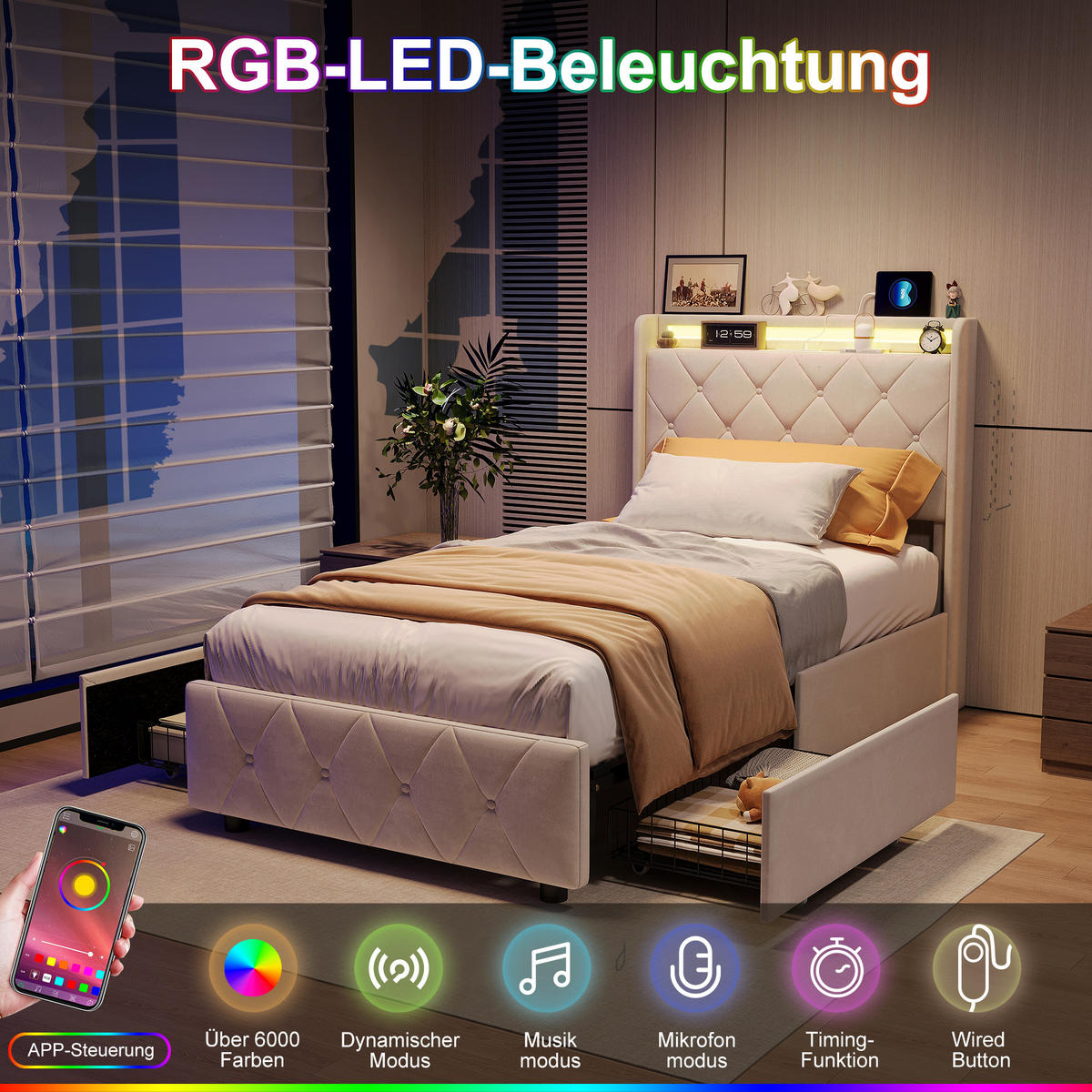 POLSTERBETT,EINZELBETT 90/200 cm mit LED Ladefunktion,4 Rollschubladen Beige Samt - Beige, Holz/Textil (90/200cm) - PARAFTA HOME