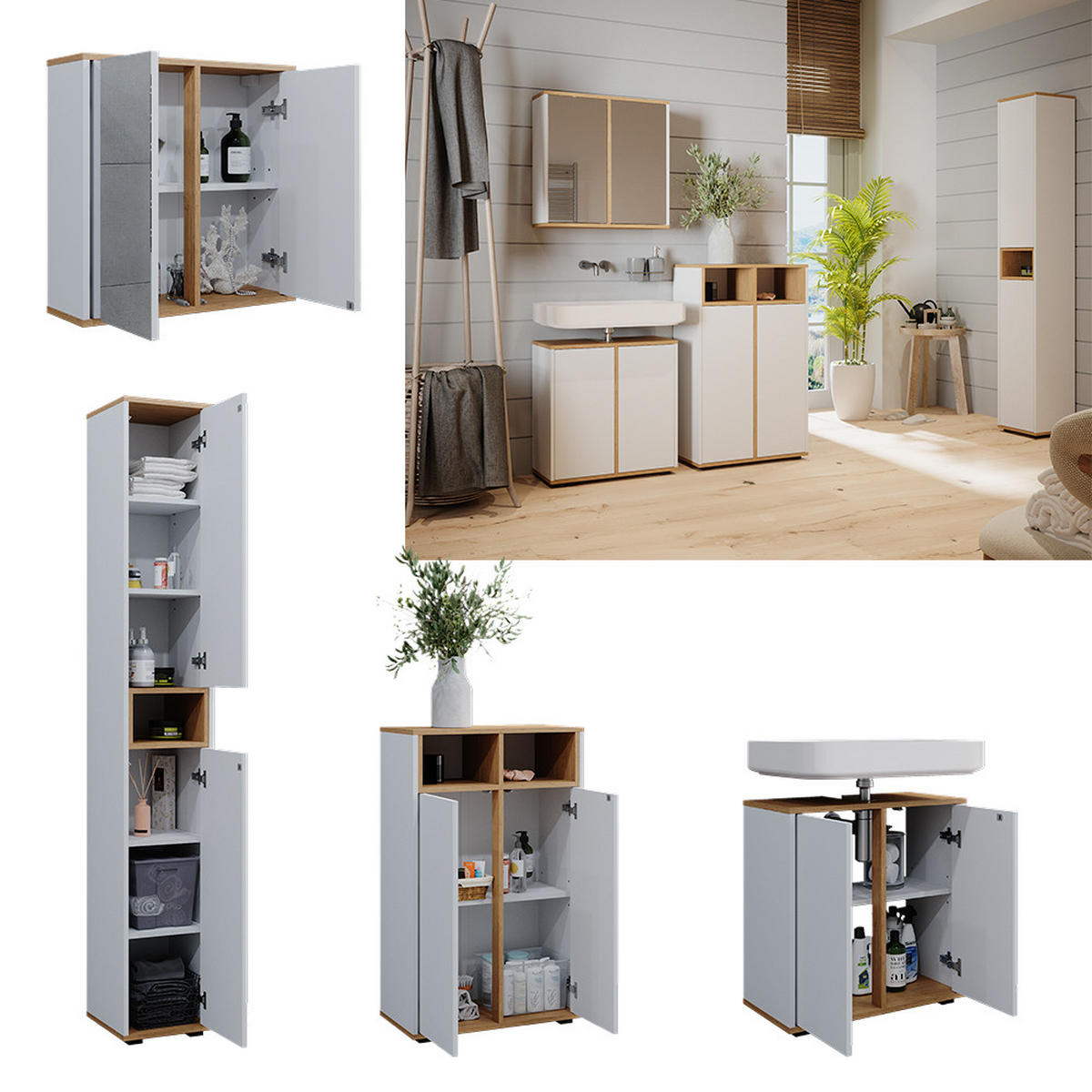 BADMÖBEL-SET Didi Weiß/Artisan 4 Teile mit Hochschrank und Midischrank mit Türen - Weiß/Eiche Artisan, Holzwerkstoff (60/62/30cm) - Vicco
