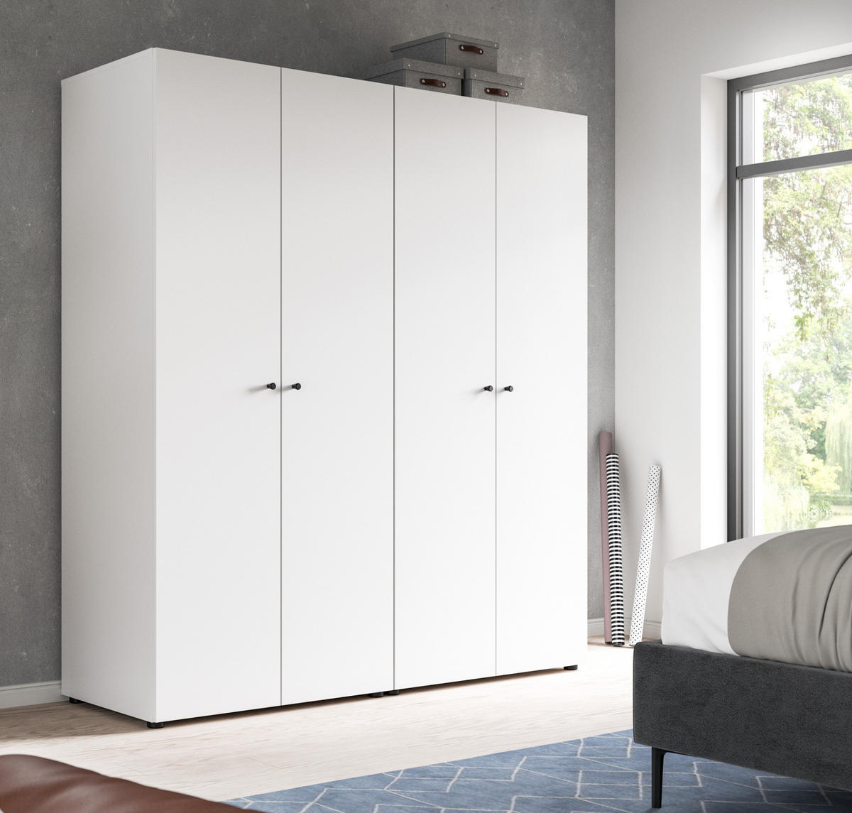 KLEIDERSCHRANK weiß 4-türig 160 cm, Drehtürenschrank mit Kleiderstangen - Schwarz/Weiß, Holzwerkstoff/Kunststoff (160/176/51cm) - Inn.Furn