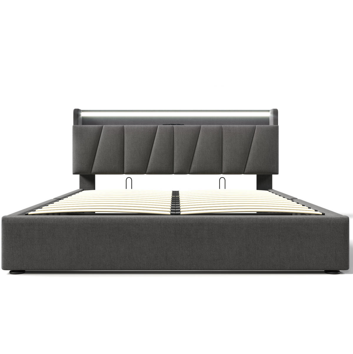 POLSTERBETT aus Leinen 140x200 cm Grau mit Stauraum-Kopfteil, LED-Beleuchtung und USB-Anschluss - Grau, Textil (140/200cm) - IVMEU