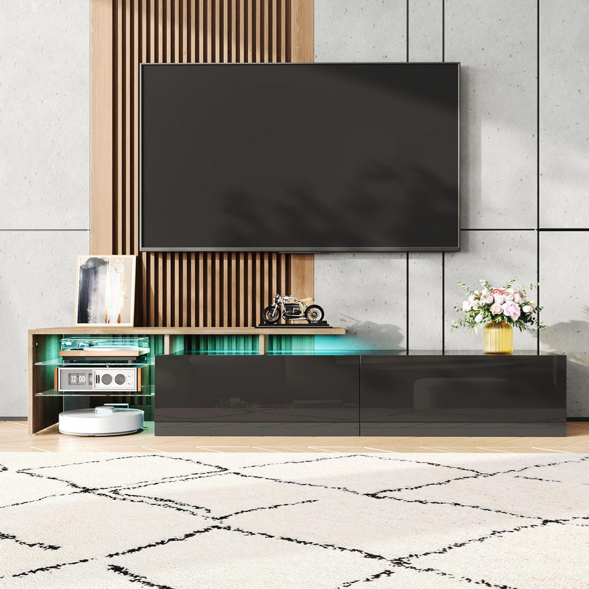 TV-SCHRANK Modern Hochglanzschwarz Holzoptik Glasböden LED-Beleuchtung - Schwarz, Holz (42.19/18.42/143cm) - FLIEKS