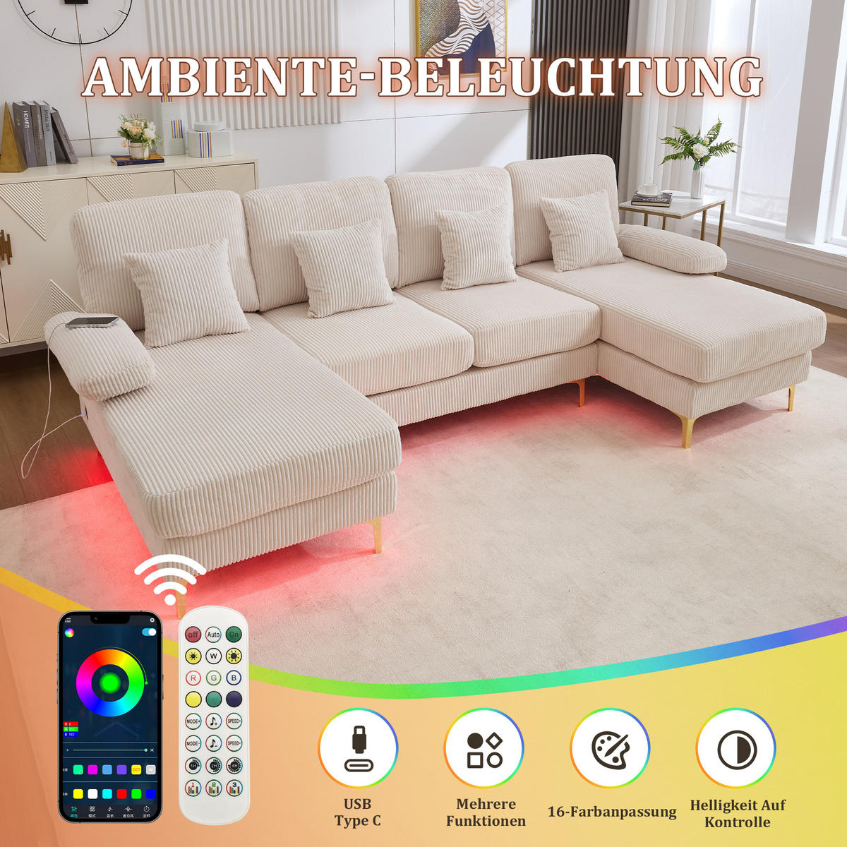 U-FORM Wohnlandschaft Samt mit LED und USB-Anschluss 265/135/88 cm Beige - Beige, Textil (135/88/265cm) - Redom