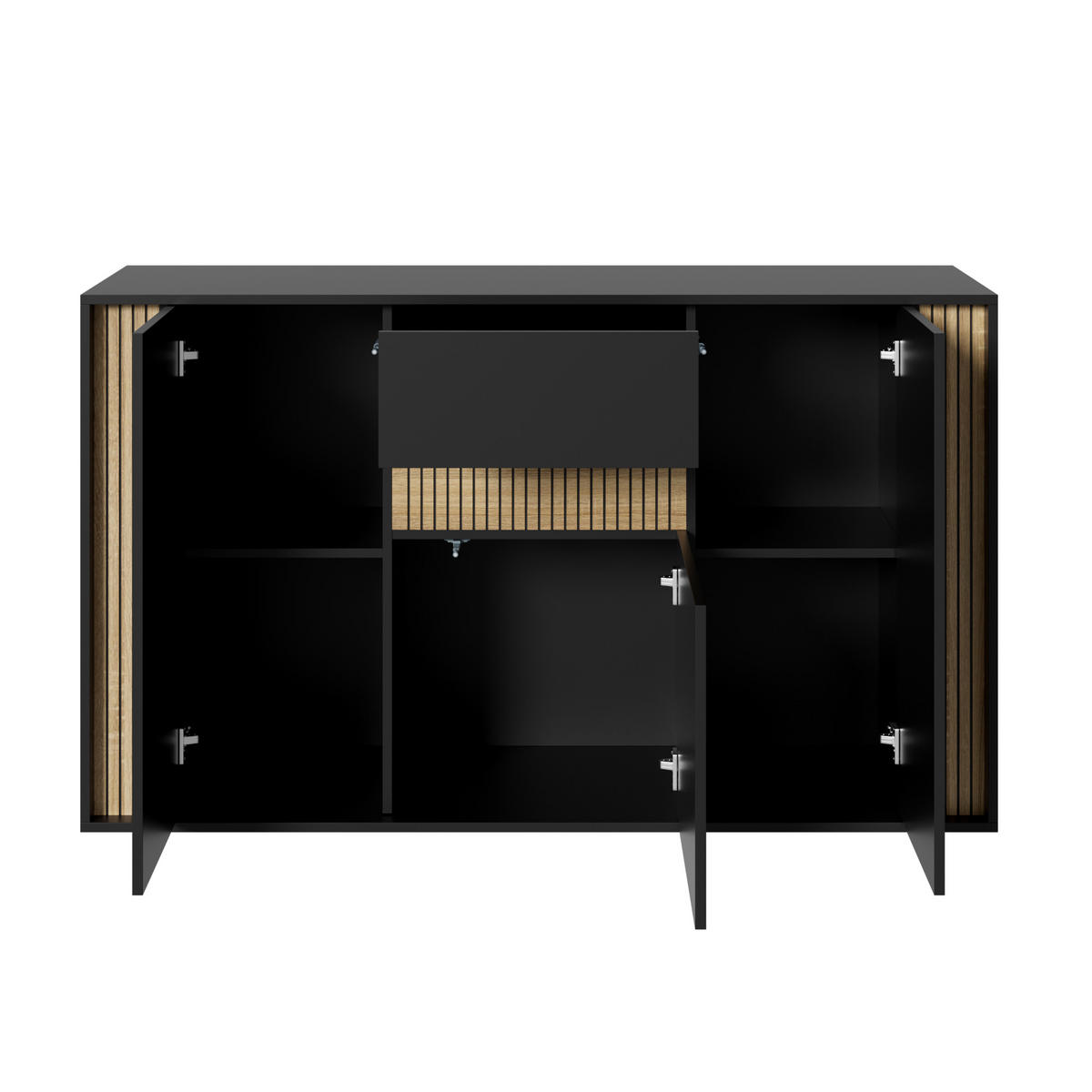 SIDEBOARD 140x40x82cm Schwarz mit LED und 3 Türen - Schwarz/Naturfarben, Holzwerkstoff (140/82/40cm) - FLIEKS