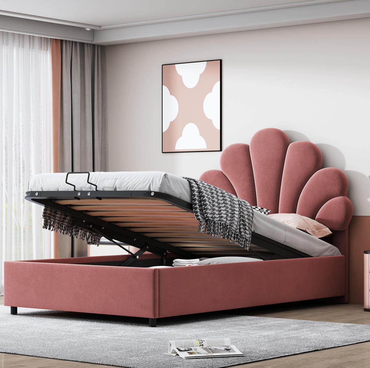 POLSTERBETT 90/200 cm mit floralem Kopfteil, Lattenrost und hydraulischem Bettkasten, Rosa - Rosa, Textil (90/200cm) - Redom
