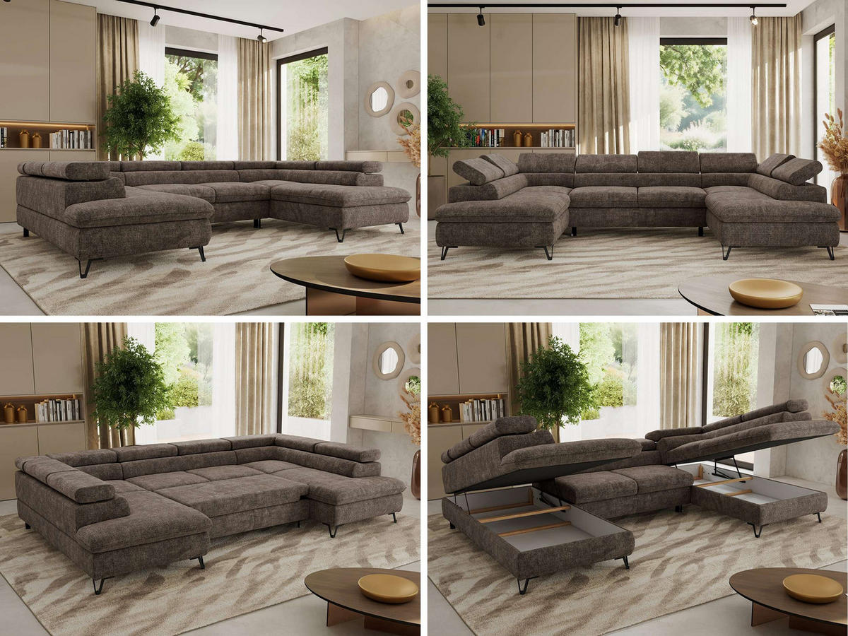 WOHNLANDSCHAFT PABLO U Schenille grob gewebt Braun mit Topper T25 - Schwarz/Braun, Textil/Metall (346/76/208cm) - MKS