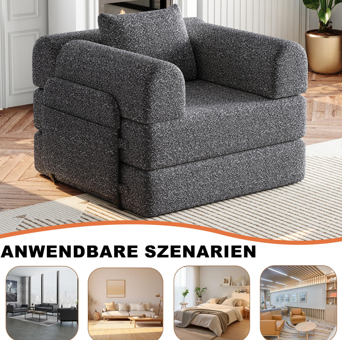 SCHLAFSOFA in Grau – 2-in-1, klappbar mit Armlehnen-Staufach - Grau, Textil (181.6/49.5/94cm) - BEAOK