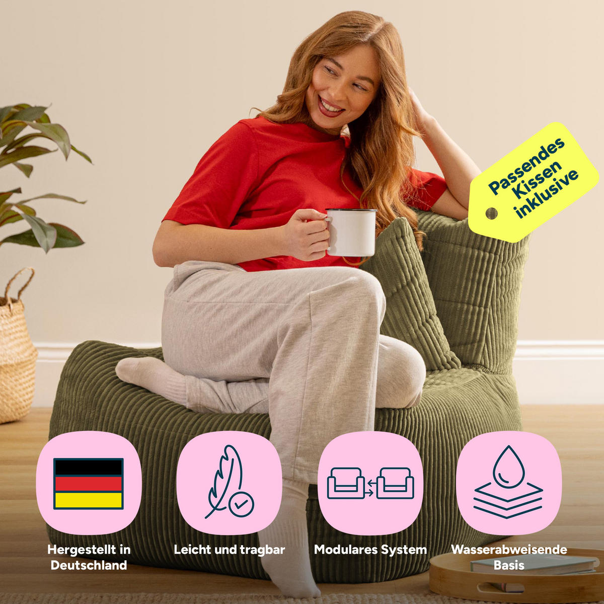 SITZSACK-SESSEL Noa modular Cord - Salbeigrün, Textil (75/70/78cm) - icon