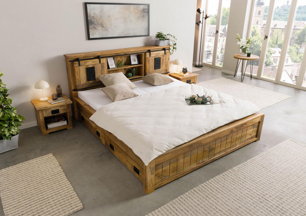 HOLZBETT mit Schublade Mango 180x200 natur lackiert RAILWAY #172 - Braun, Holz (180/200cm) - Massivmoebel24