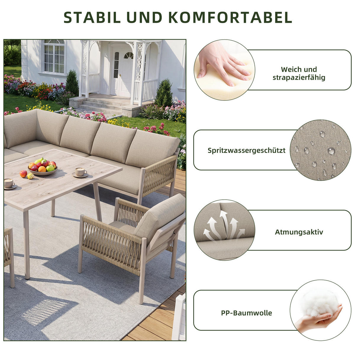 GARTENLOUNGE Beige 7-8 Personen L-Form Sofa Tisch 2 Sessel - Beige, Metall - FLIEKS