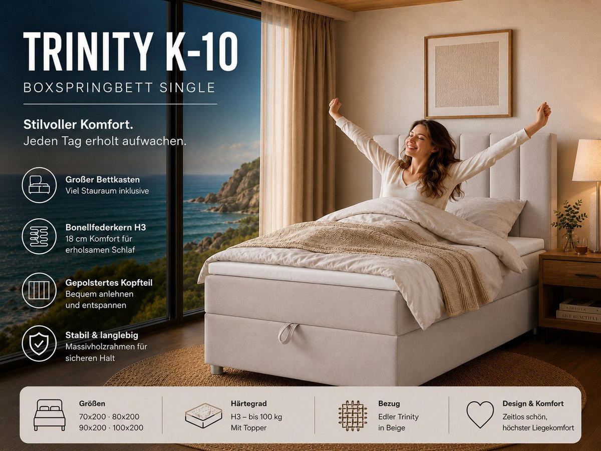 BOXBETT mit Bettkasten Trinity K10-SINGLE Bonellfederkern inkl. Topper - Creme, Holz/Holzwerkstoff (70/200cm) - Best For Home