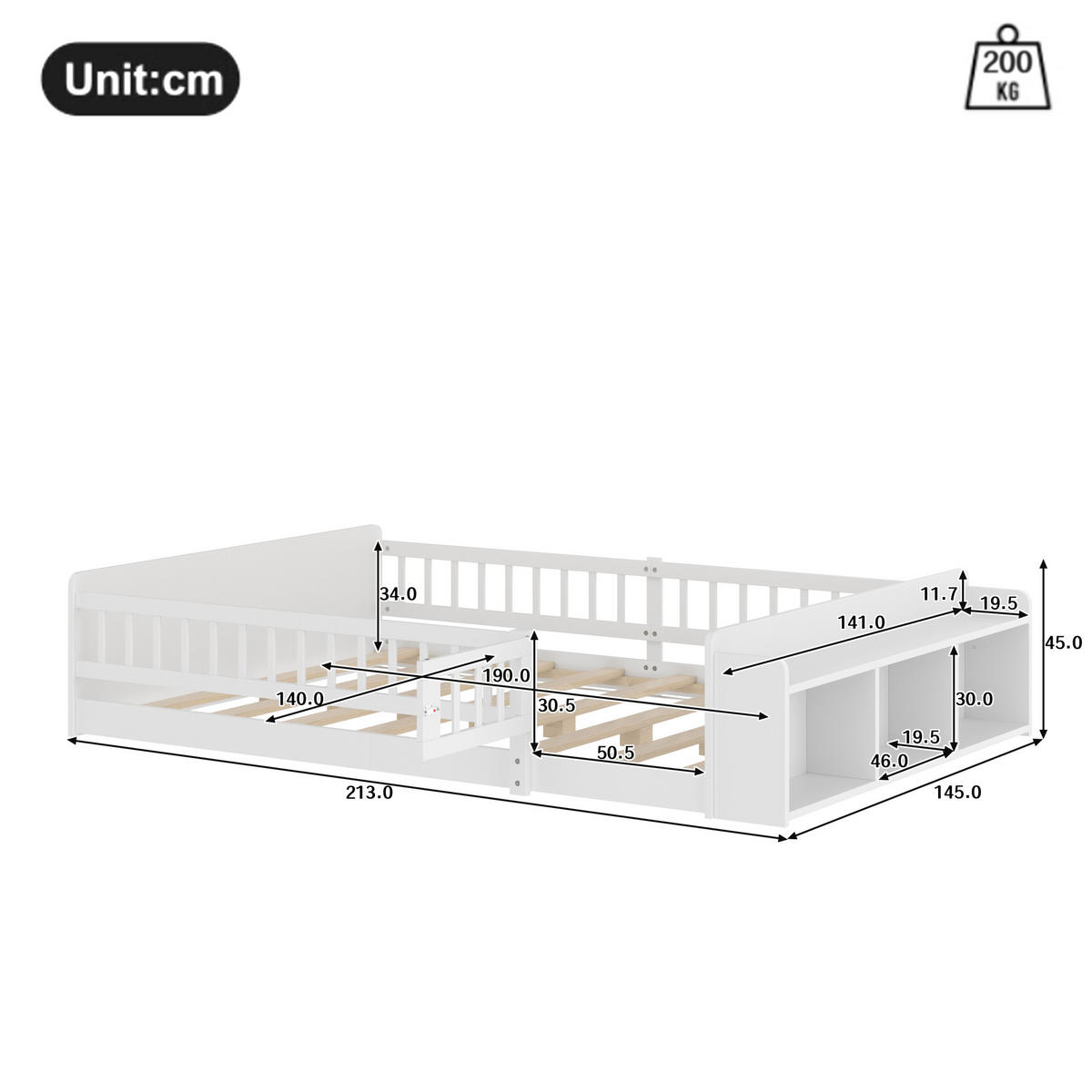 KINDERBETT 140/190 cm Weiß aus Kiefernholz und MDF mit offenem Stauraum und Zauntür - Weiß, Holz (140/190cm) - OKMYHOME
